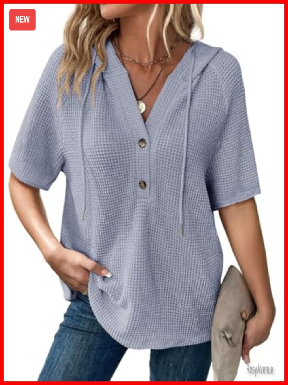 Waffle Knit Short Sleeve Drawstring Hoodie Button V Neck Casual Top